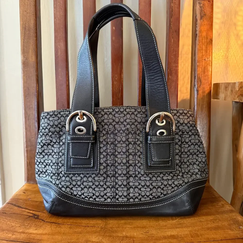 Coach Micro C Signature Jacquard Tote Bag Black Gray Leather Trim F19664